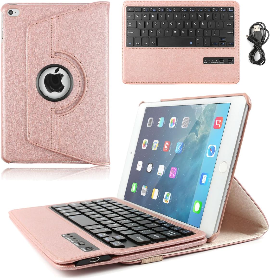 KVAGO iPad Mini 4 Keyboard, Stylish Slim 360 Rotating Stand Magnetic Detachable Wireless Bluetooth Keyboard Cover Shell PU Leather Keyboard Swivel Case for Apple iPad Mini 4 A1538 A1550 Rose Gold