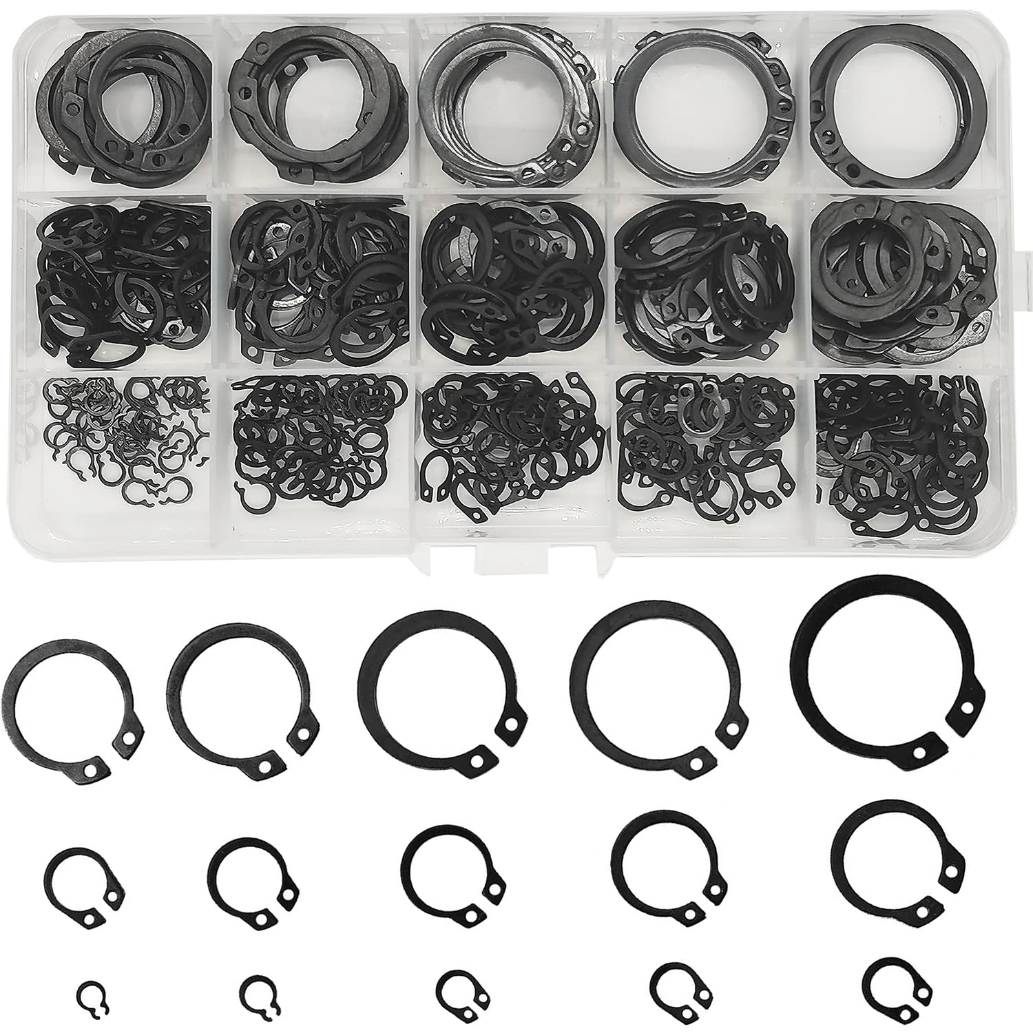 WeqeYent 350pcs M4-M28 Black 65Mn Steel External Circlips Snap Retaining Rings, 15 Sizes Black C-Clip Retaining Clip Ring Assortment Set — image 1