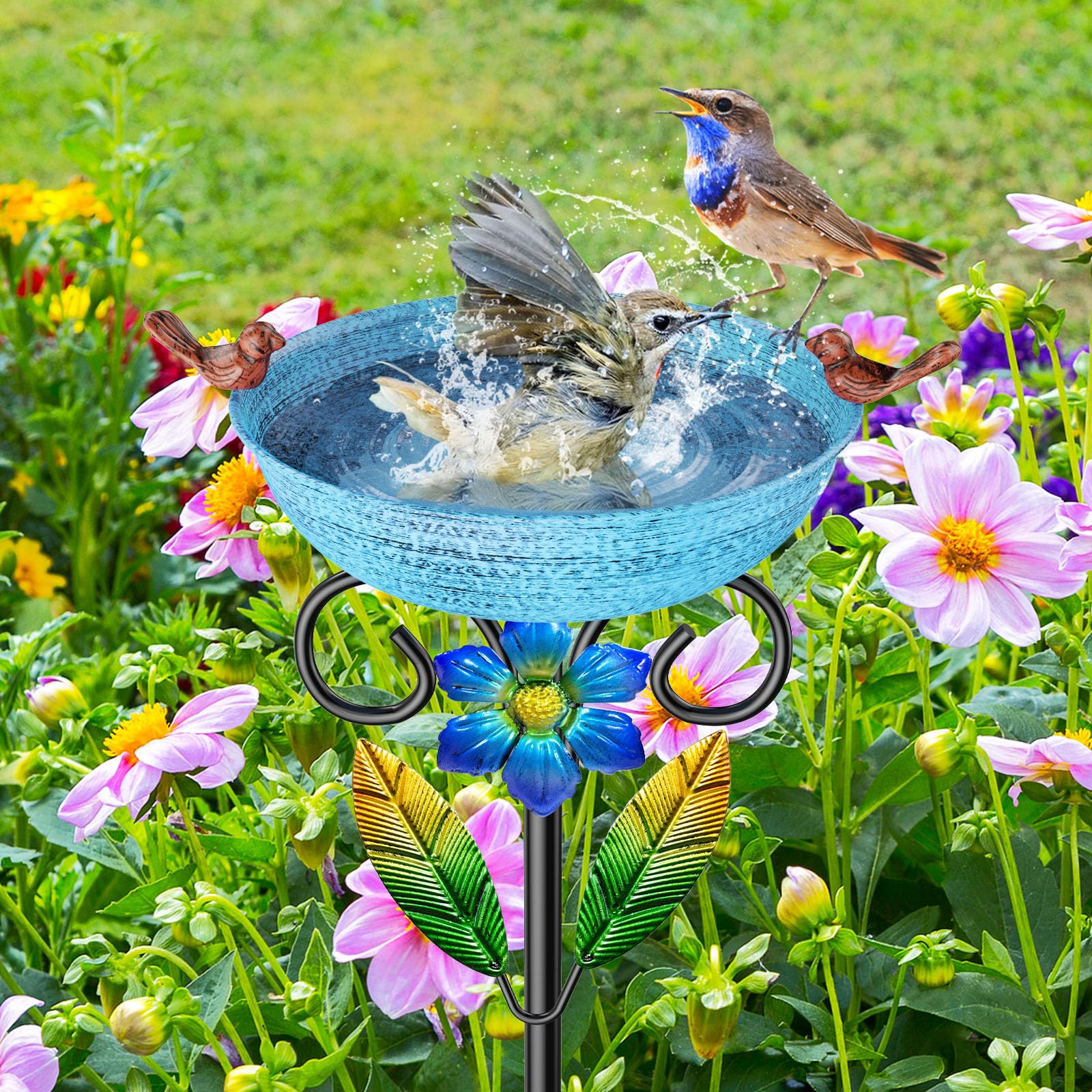 View 1 of SHUONIVS Metal Bird Bath for Outside, Freestanding Birdbaths Detachable Decoration Spa Birdfeeder, Bird Baths Feeder Bowl for Outdoors Garden Patio Yard Lawn Decor (Blue+Flower)
