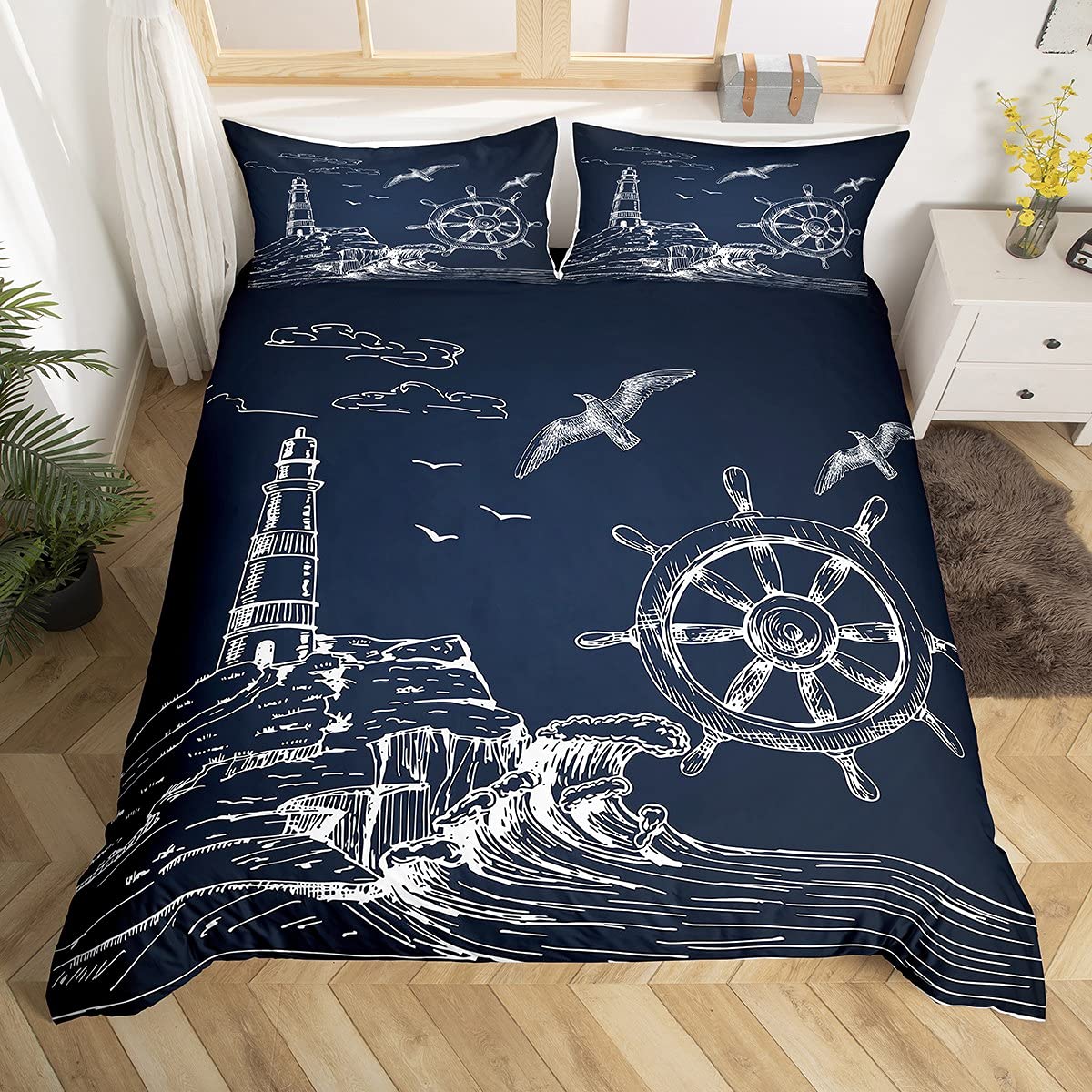 Loussiesd Nautical Bedding Set for Kids Girls Boys Children Lighthouse Comforter Cover Rudder Duvet Cover Seagull Ocean Sea Adventure Bedding & Linen Double Size 3Pcs