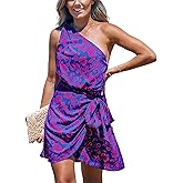 CUPSHE Women's One Shoulder Leaf Print Self-tie Short Dress Sleeveless Tiered Hem Formal Dress Casual Mini Dress