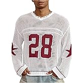 BEAUDRM Men's Number Letter Jersey Shirts Long Sleeve Crochet Knit Tops Crewneck Hollow Out Sweaters