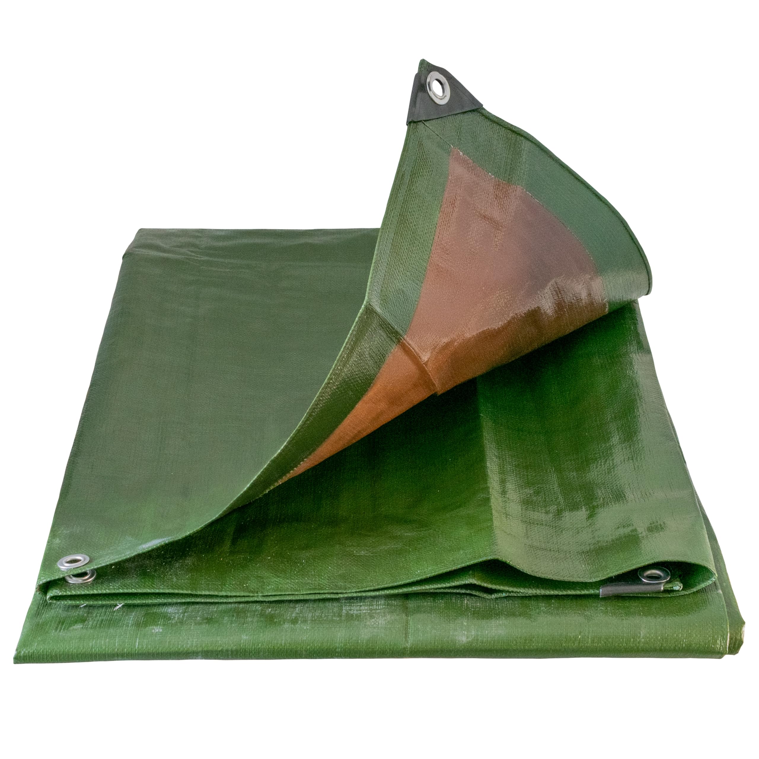 Tough heavy 220 gsm duty waterproof green with brown reverse tarpaulin/tarp cover sheet/extra eyelets at 50cm with reinforced corners,ideal as a camping ground sheet.(3m x 3m)