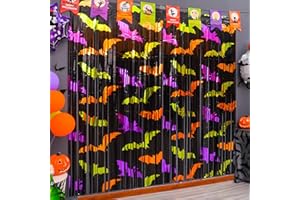 MEGA-LOOPOLIS Mega-L Halloween Party Decorations 2 Pack Green Orange Purple Bat Pattern Photo Booth Props, 3.3 X 6.6 ft Metallic Foil Fringe Curtains, Halloween Photo Backdrop Streamers Halloween Party Supplies