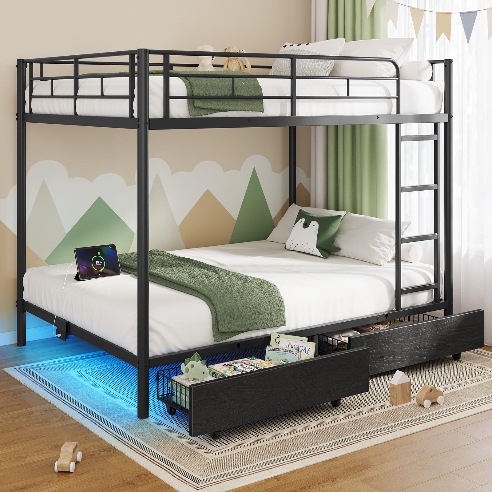 Photo 1 of Rolanstar Metal Bunk Bed Full Over Full with USB Charging Station, LED Bunk Bed with 2 Storage Drawers, Bed with Safety Guardrail & Ladders, No Box Spring Needed, Easy Assembly, Black