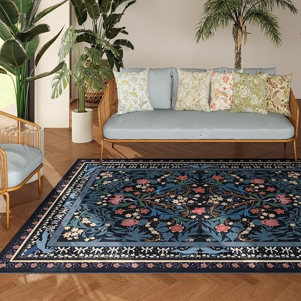 VOWKTEN AREA RUG 4X6 RUG WASHABLE VINTAGE FLORAL BOTANICAL RUGS NON SLIP LOW PILE SMALL CARPET FOR BEDROOM, BEDSIDE, KIDS ROOM, OFFICE, DINING ROOM, BLUE