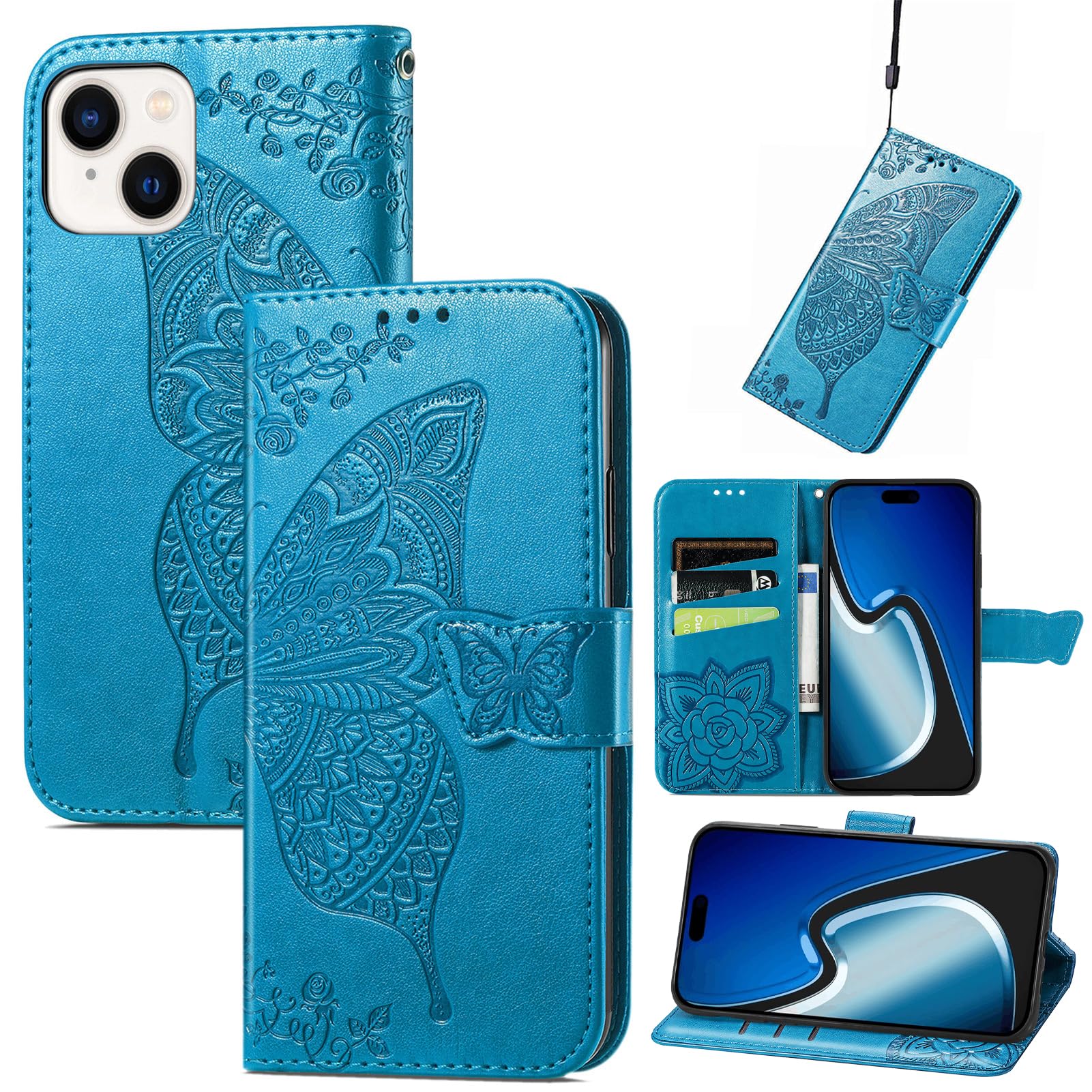 JIUNINE Case for Apple iPhone 15, Leather Wallet Case Flip Cover with Butterfly Embossed Pattern [Card Holder] [Magnetic Closure] [TPU Inner Shell] for Apple iPhone 15, Blue