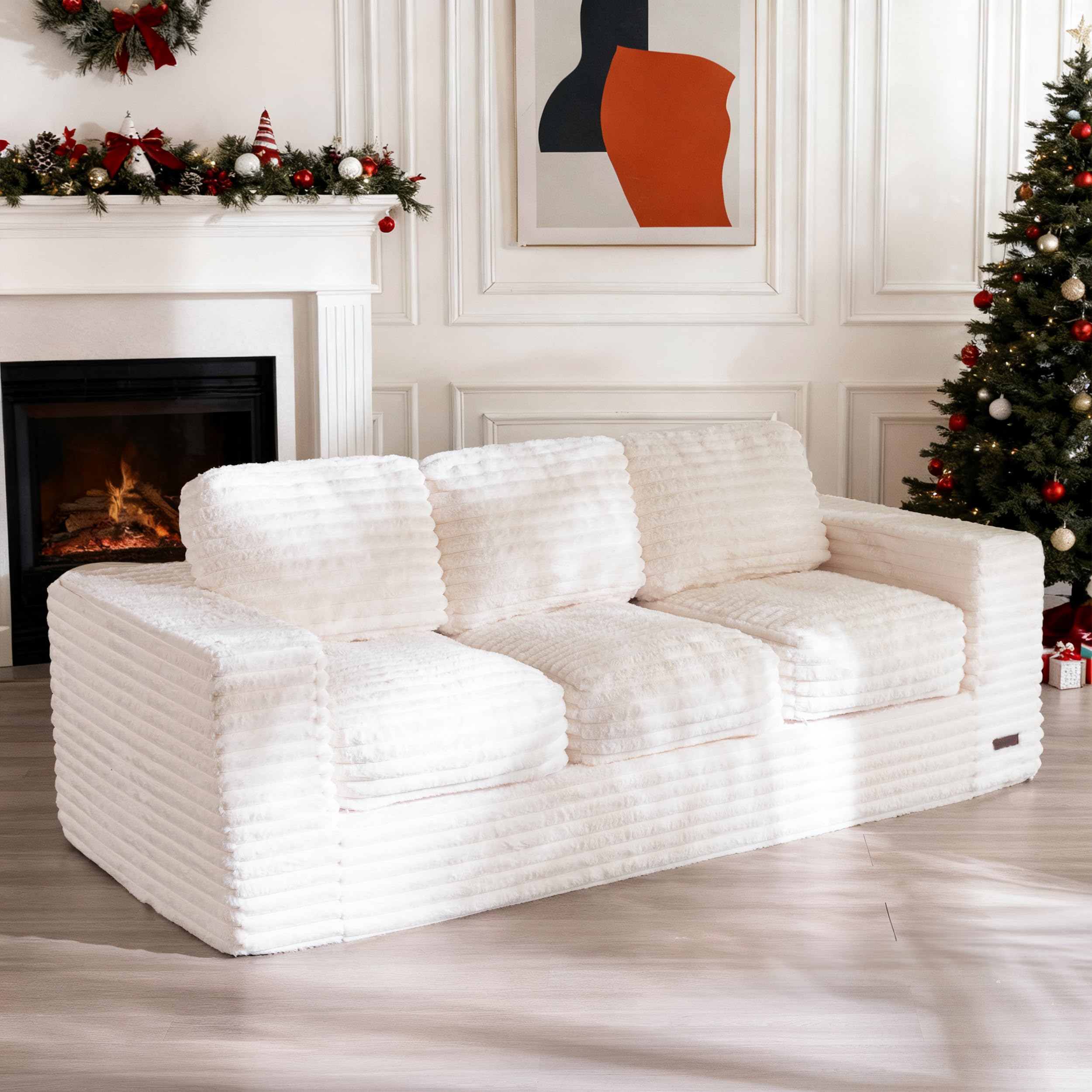 Photo 1 of MAXYOYO 3-Seater Boneless Sofa Couch in a Box, Modern Faux Fur Couch with Pillows, Fluffy & Supportive Sofa Lounge, No Assembly Required, White