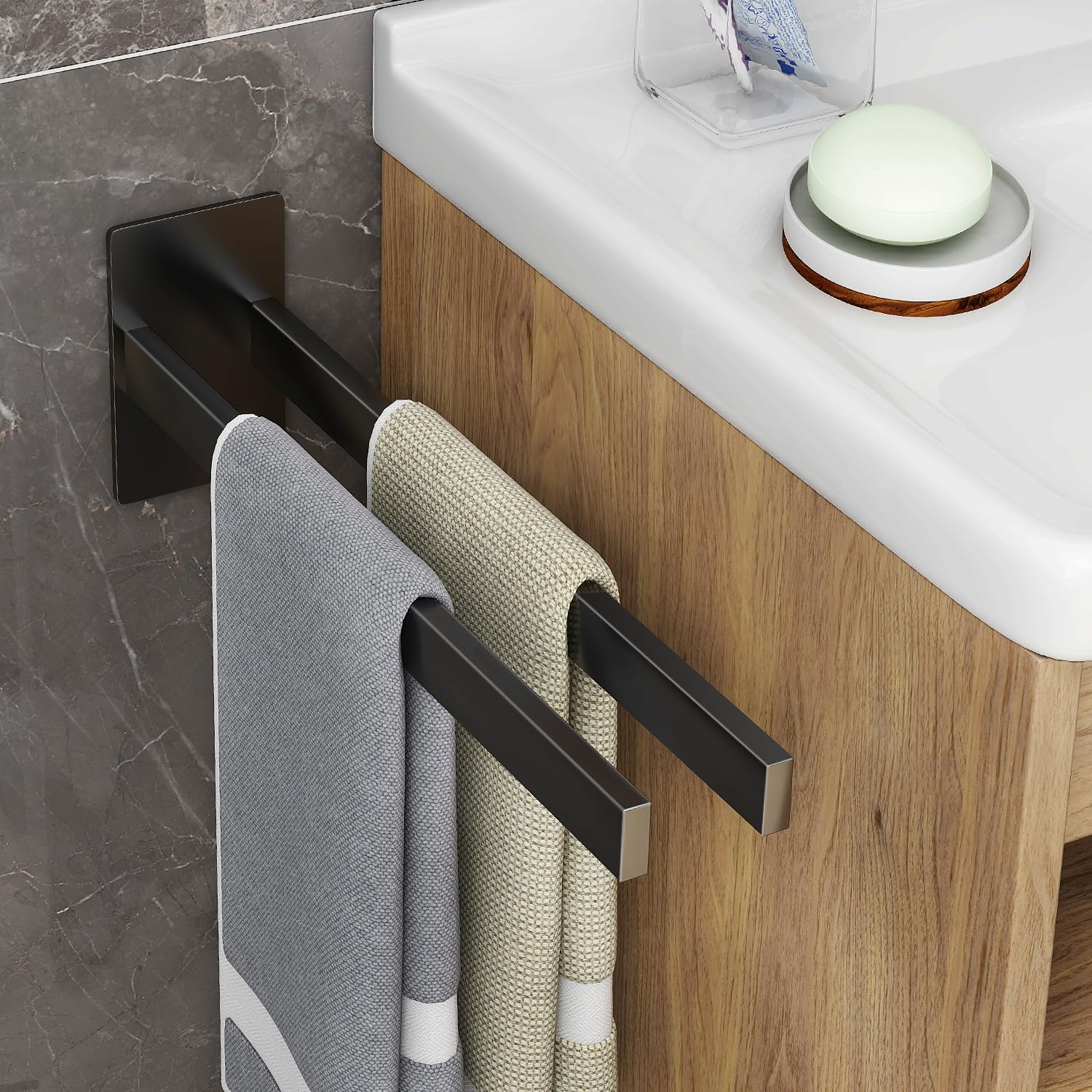 Giookuj Guest Towel Holder No Drilling SUS304 Stainless Steel Material Towel Rail Double Towel Rail No Drilling Black for Kitchen, Bathroom