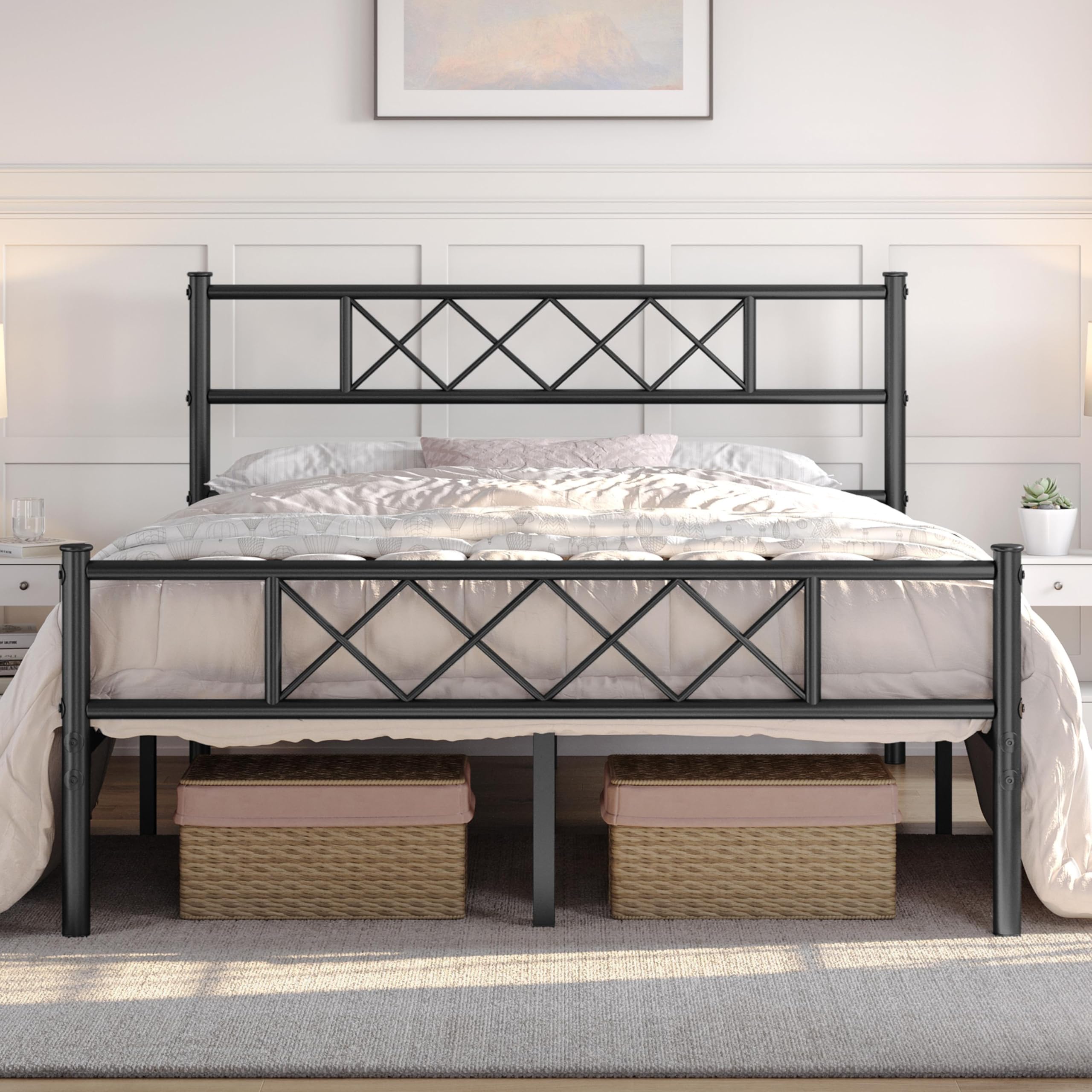 Yaheetech Queen Size Metal Platform Bed Frame with Simple Headboard and Footboard, Mattress Foundation for Under Bed Storage, Steel Slat Support, No Box Spring Needed, Easy Assembly, Black Image