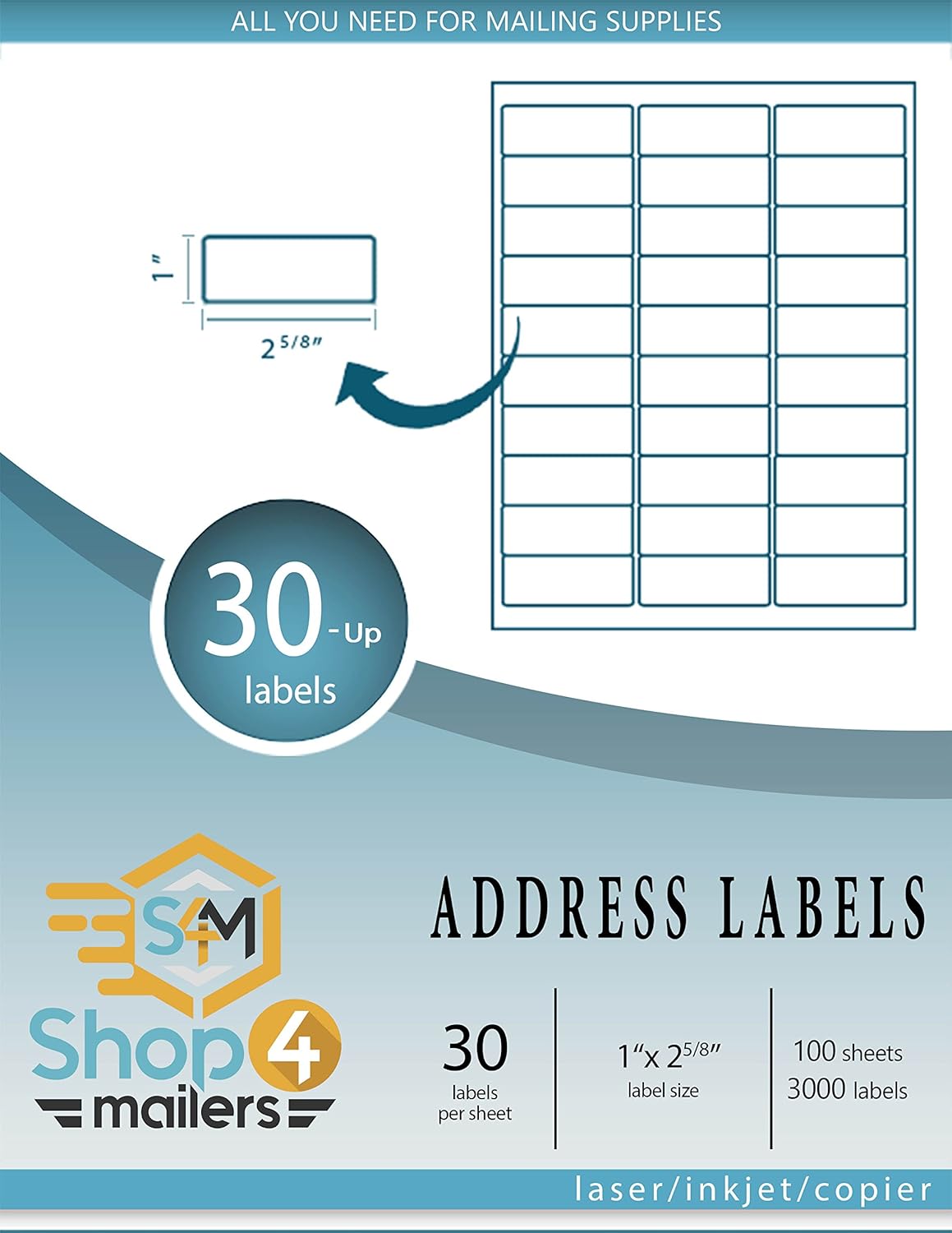 Shop4Mailers 30-Up White Shipping Labels - 1" x 2 5/8" - 100 Sheets - 3, 000 Count Labels : Office Products