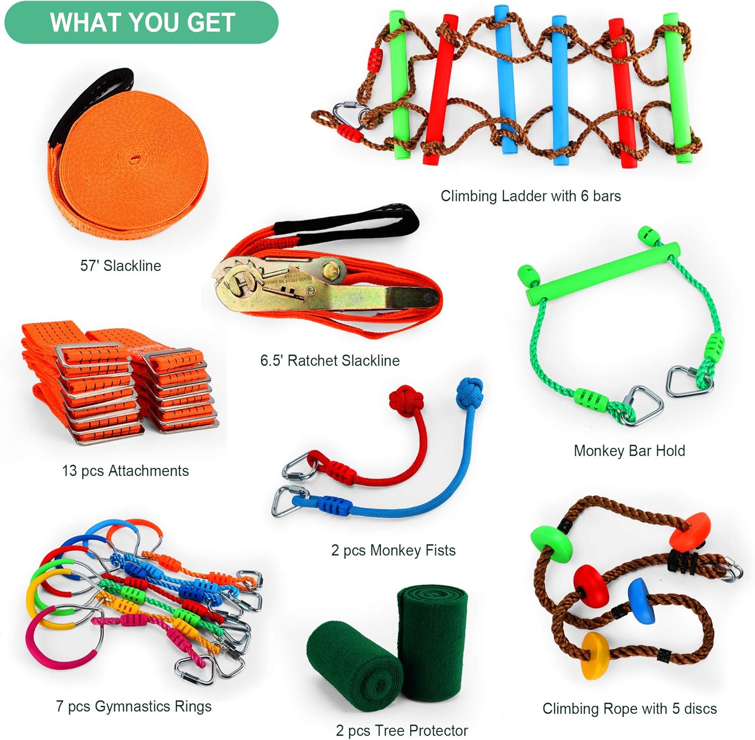 GRYSERCH Ninja Warrior Obstacle Course for Kids - 57' Ninja Slackline with 12 Obstacle Accessories for Kids, Ninja Warrior Training Equipment for Kids Outside Backyard ( Capacity 500 lbs): Toys & Games