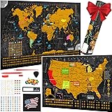 Scratch Off World Map Poster - 17x24 Inches - Bonus United States Map with Detailed Outlined States, Flags, Capitals, Populat