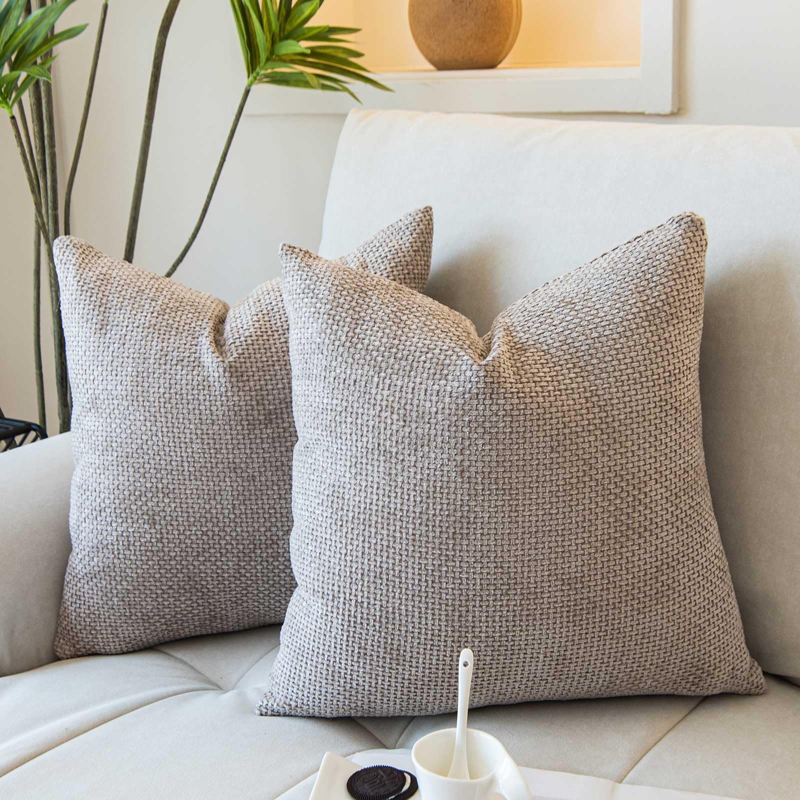 Photo 1 of WACOMECO Neutral Textured Throw Pillow Covers,Pack of 2 Decorative Chenille Cushion Covers Accent Pillowcase for Couch Living Room Sofa Bed Home Decor, 18 x 18 in, Khaki