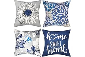 RYSMIYOU Decorative Throw Pillow Covers Set of 4 Blue Pillow Covers 18x18 inch Throw Pillow Cases Linen Square Pillow Case,Farmhouse Outdoor Modern Boho Pillow Covers for Couch Sofa Living Room