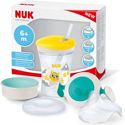 Juego para aprender a beber con entrenador, aprendiz (más de 6 meses), vaso mágico de 360° (8 meses en adelante) y taza de acción para niños pequeños (12 meses +), 230 ml, sin BPA, gato amarillo