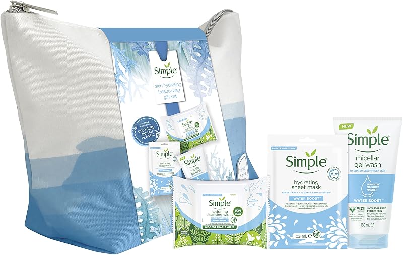 Simple Skin Hydrating Beauty Bag Gift Set - Water Boost Mask Gel Wash Wipes