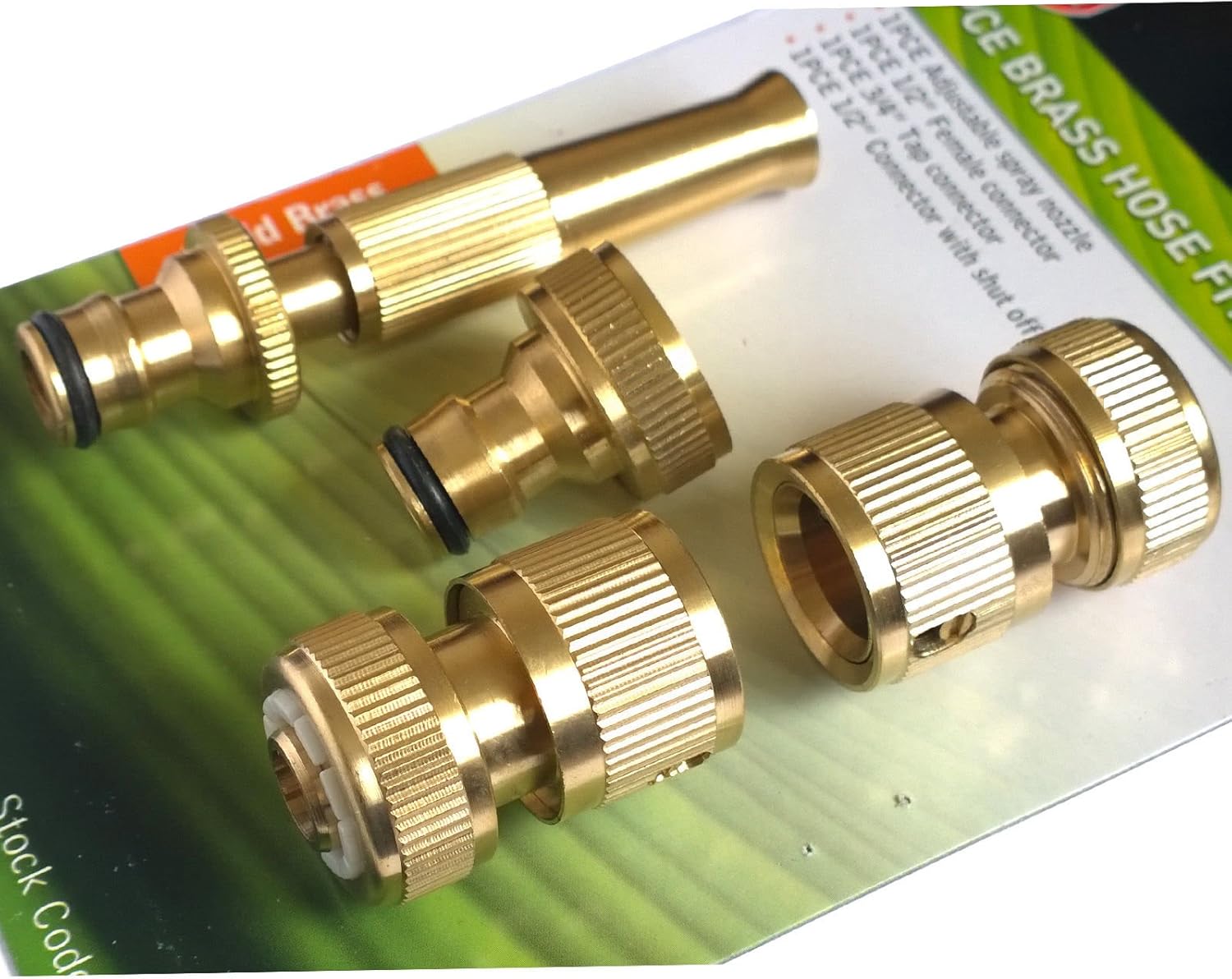 Tech Traders ® 4 Pcs Brass Hose Pipe Fitting Set/Garden Tap Hosepipe Quick Connectors & Spray Nozzle, 18 cm x 3.5 cm x 10 cm