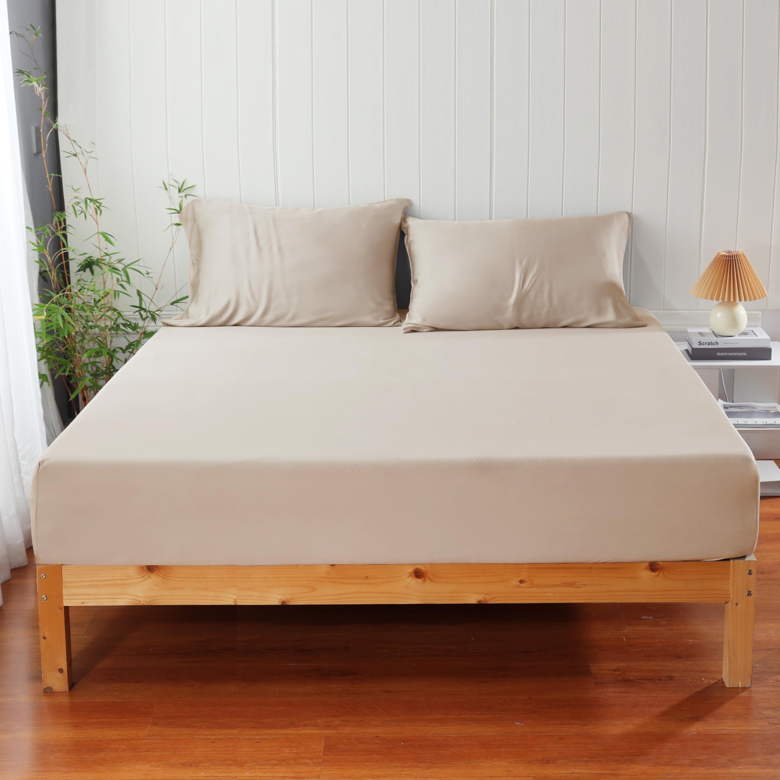 Photo 1 of 100% Viscose Derived from Bamboo Fitted Sheet Set 3 Piece - 2 Pillowcase 1 Fitted Sheet with 16" Deep Pocket, Hotel Luxury Silky Bedding, Ultra Soft, Cooling for Hot Sleepers(Beige King)