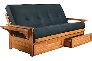 CORDOVA FUTONS Lakeshore Complete Futon - Drawers, Frame and Mattress Set - Arm Tray 8" Innerspring Queen Size Sofa Under Bed Storage Lounger (Navy, Queen)