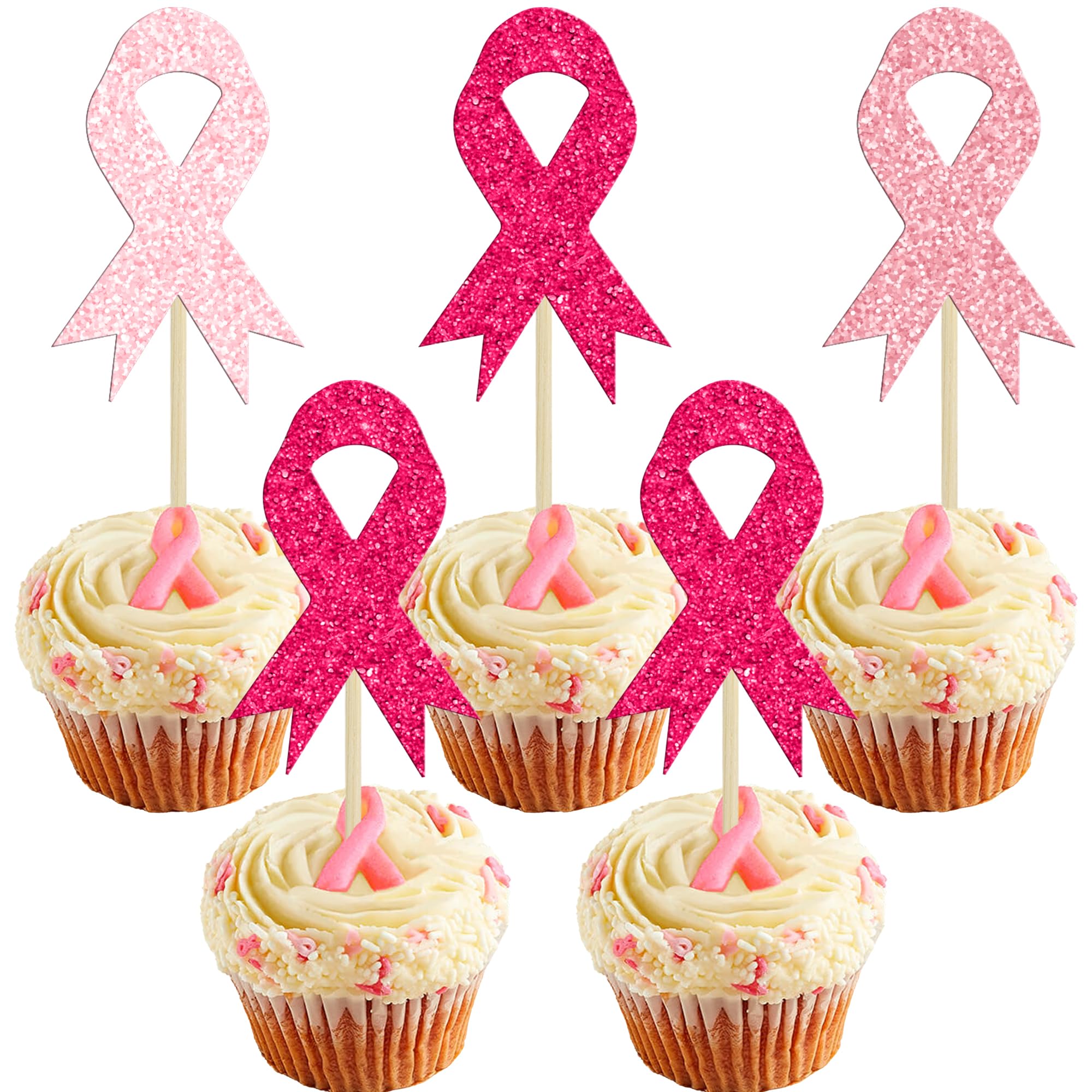 Photo 1 of Gyufise 24Pcs Ribbon Breast Cancer Awareness Cupcake Toppers Glitter Pink Ribbon Fight Hope Believe Breast Cupcake Picks for Pink Ribbon Breast Cancer Party Cake Decorations Supplies Colorful