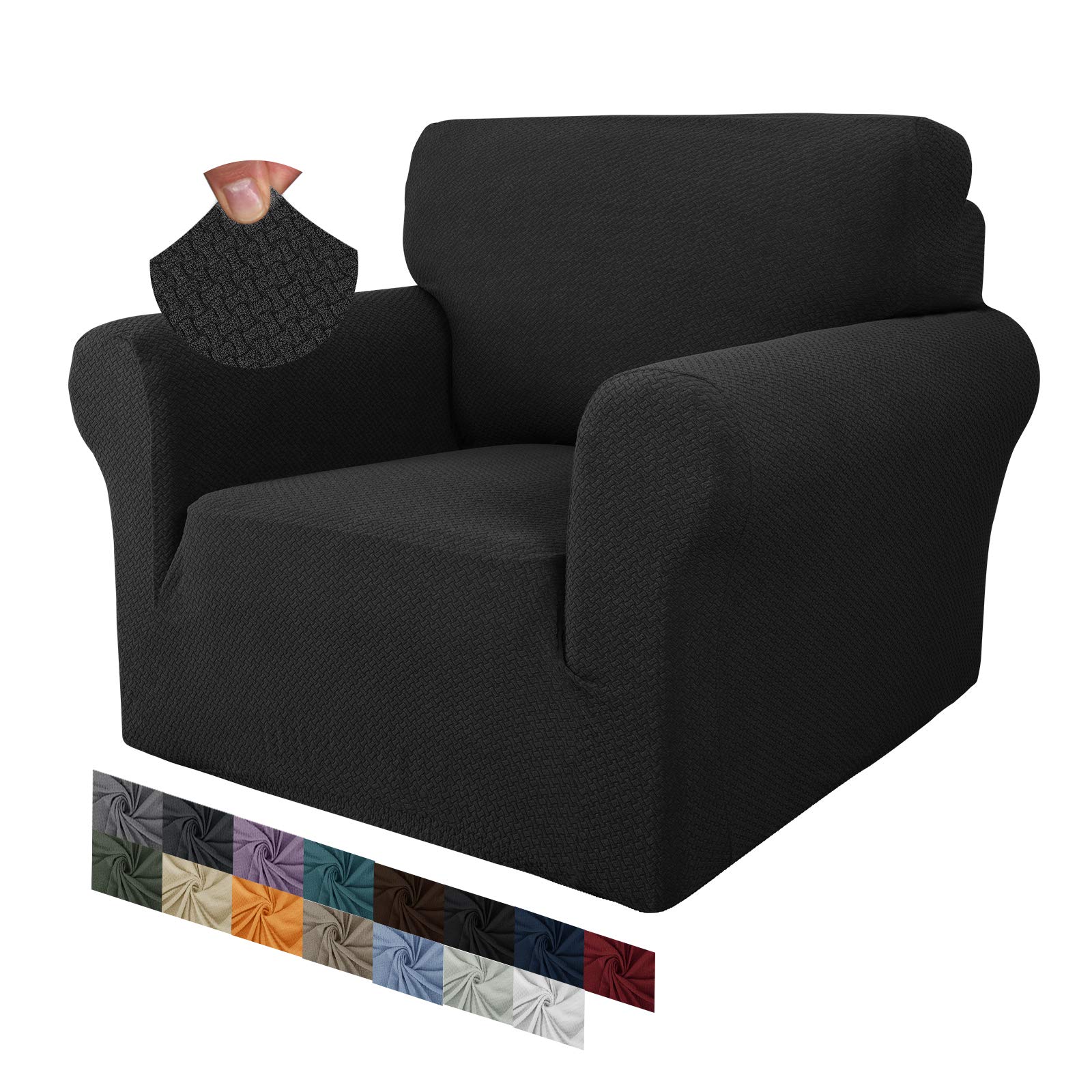 MAXIJIN Creative Jacquard Chair Covers for Living Room, Super Stretch Non Slip Chair Slipcover with Arms Dogs Pet Friendly 1-Piece Elastic Sofa Couch Protector Armchair Cover (1 Seater, Black)