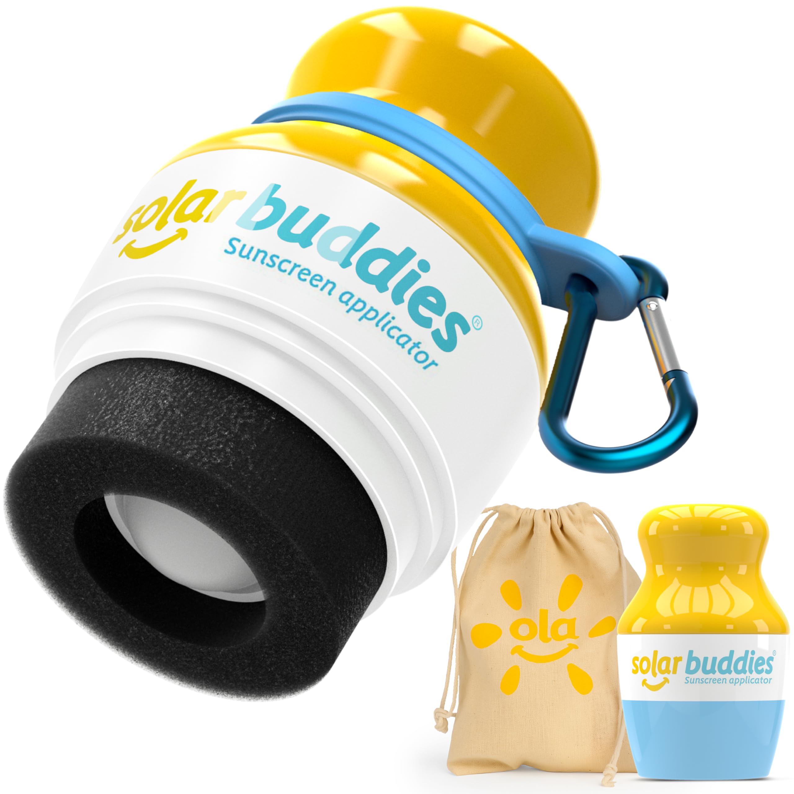 Solar Buddies Grab & Go Travel Bundle, Carabina Clip & Cleaning Brush - Refillable Roll on Sponge Sunscreen, Suncream & Lotion Applicator for Kids, Adults & Families - Holds 100ml (Blue Bag Set)