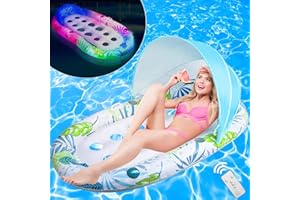 HUIZONHOME Light Up Pool Floats Adult with Canopy UPF50+, Solar Inflatable Pool Floats Lounge, Raft with Cupholders & Handles, Floating Suntan Floats Lounger, Beach Float Pool Sofa for Pool Party & Decoration