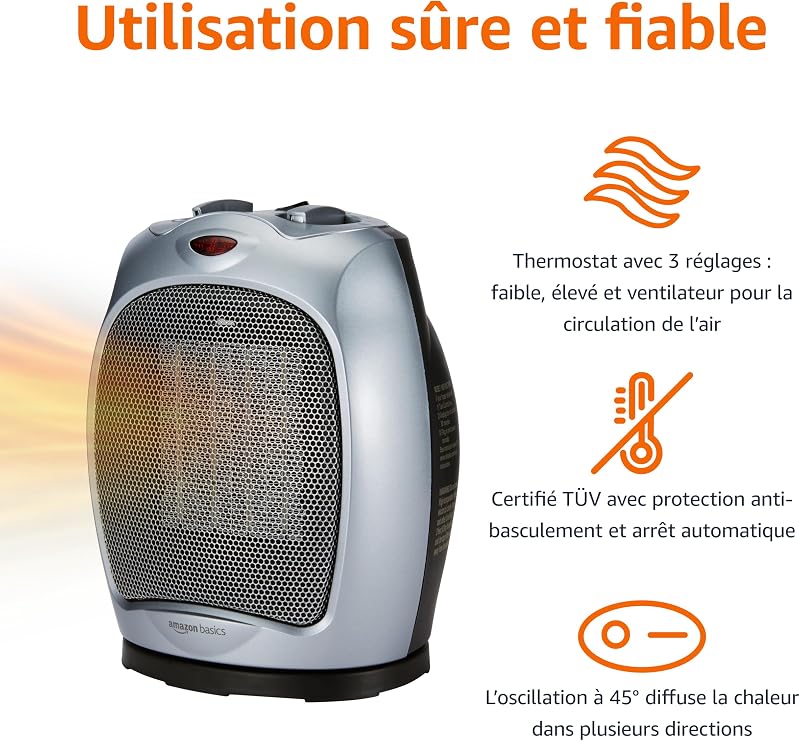 Radiateur soufflant et pivotant en céramique avec thermostat réglable 1800 W, Argenté