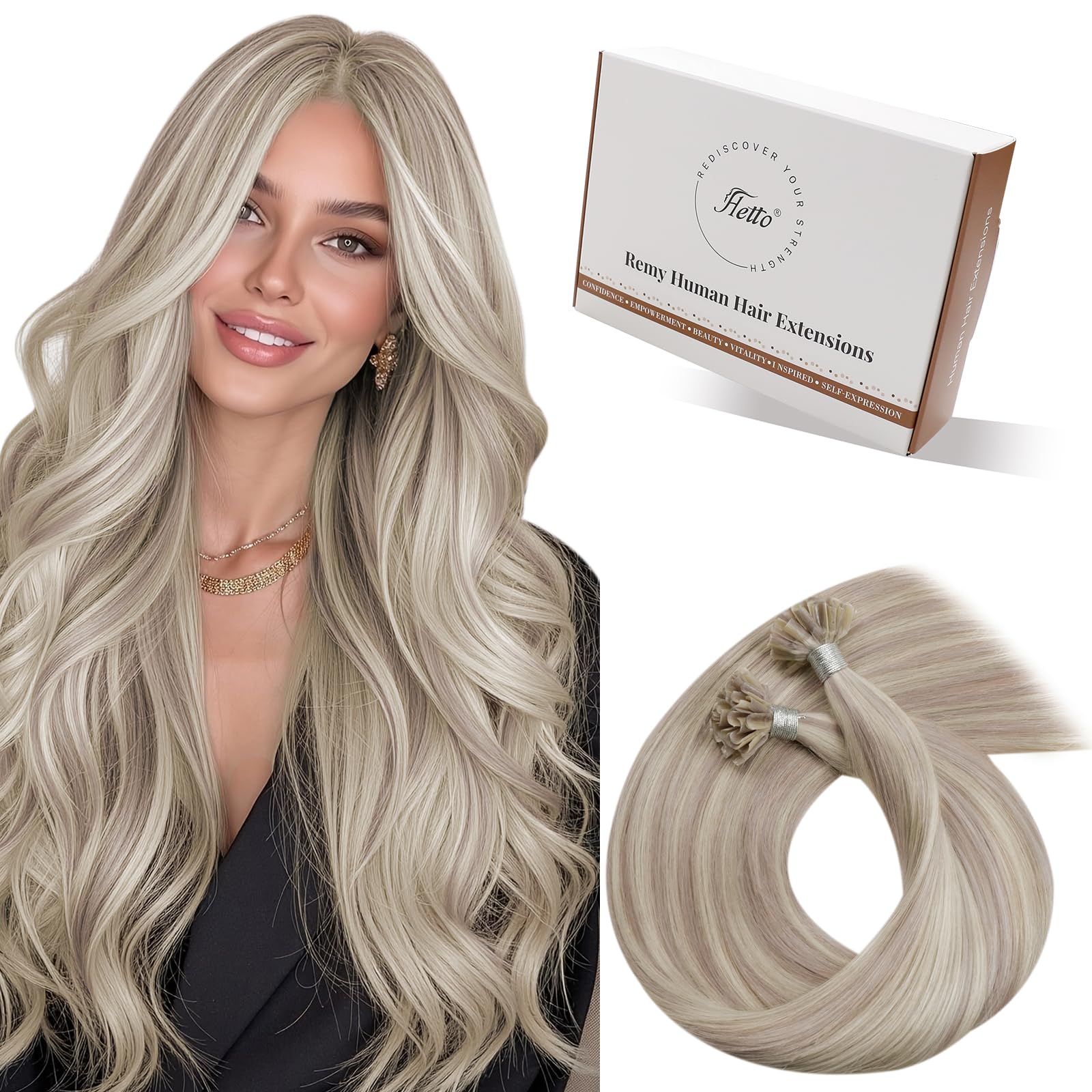 Hetto U Tip Hair Extensions Real Human Hair 18 Inch Ash Blonde Natural Blend K Tip Remy Hair Straight Extension Pre Bonded Hout Fusion Keration for Wedding 50strands 50g #18/613 — image 1