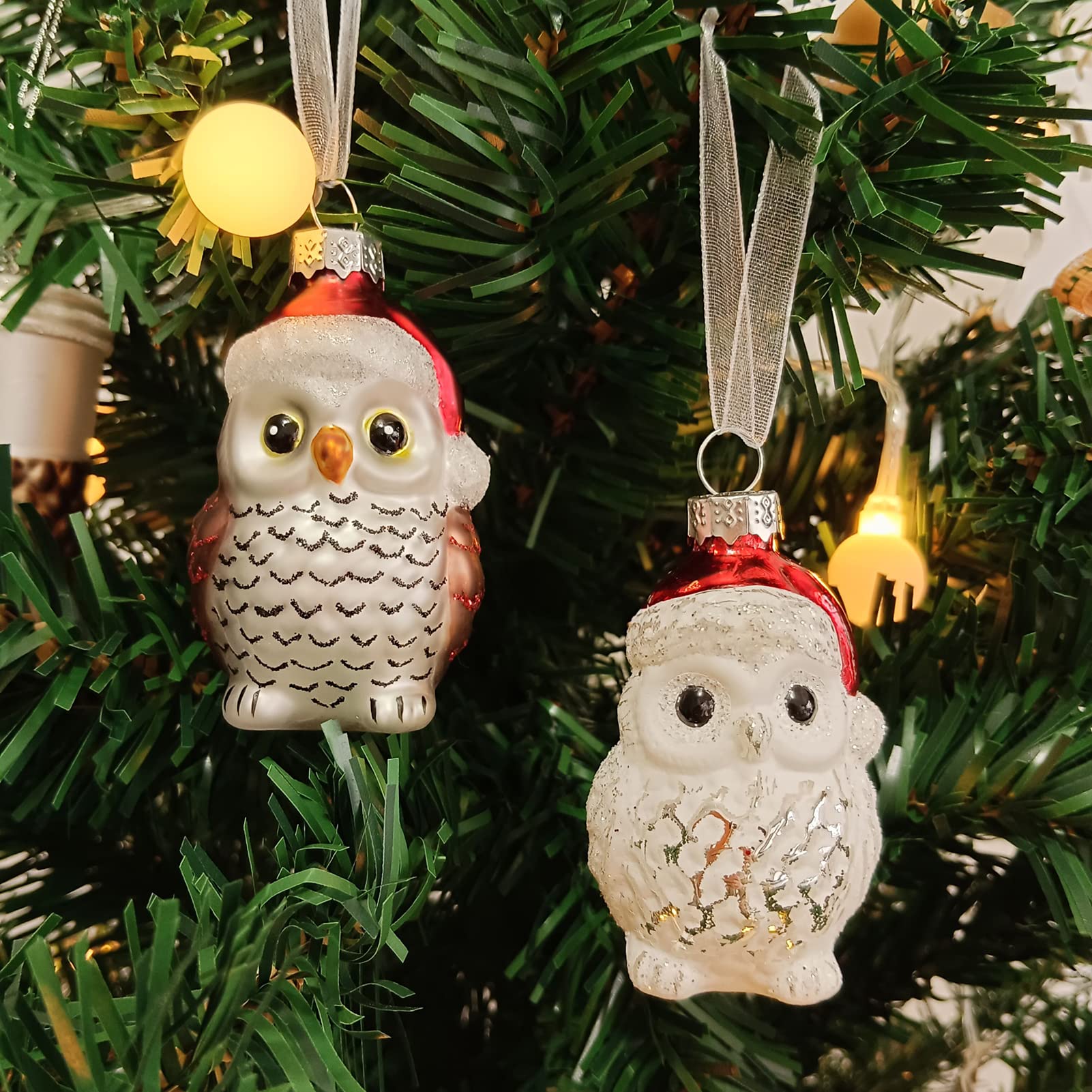 Amanman Glass Christmas Ornaments, Set of 2 Owls Blown Glass Ornaments for Christmas Tree Decorations
