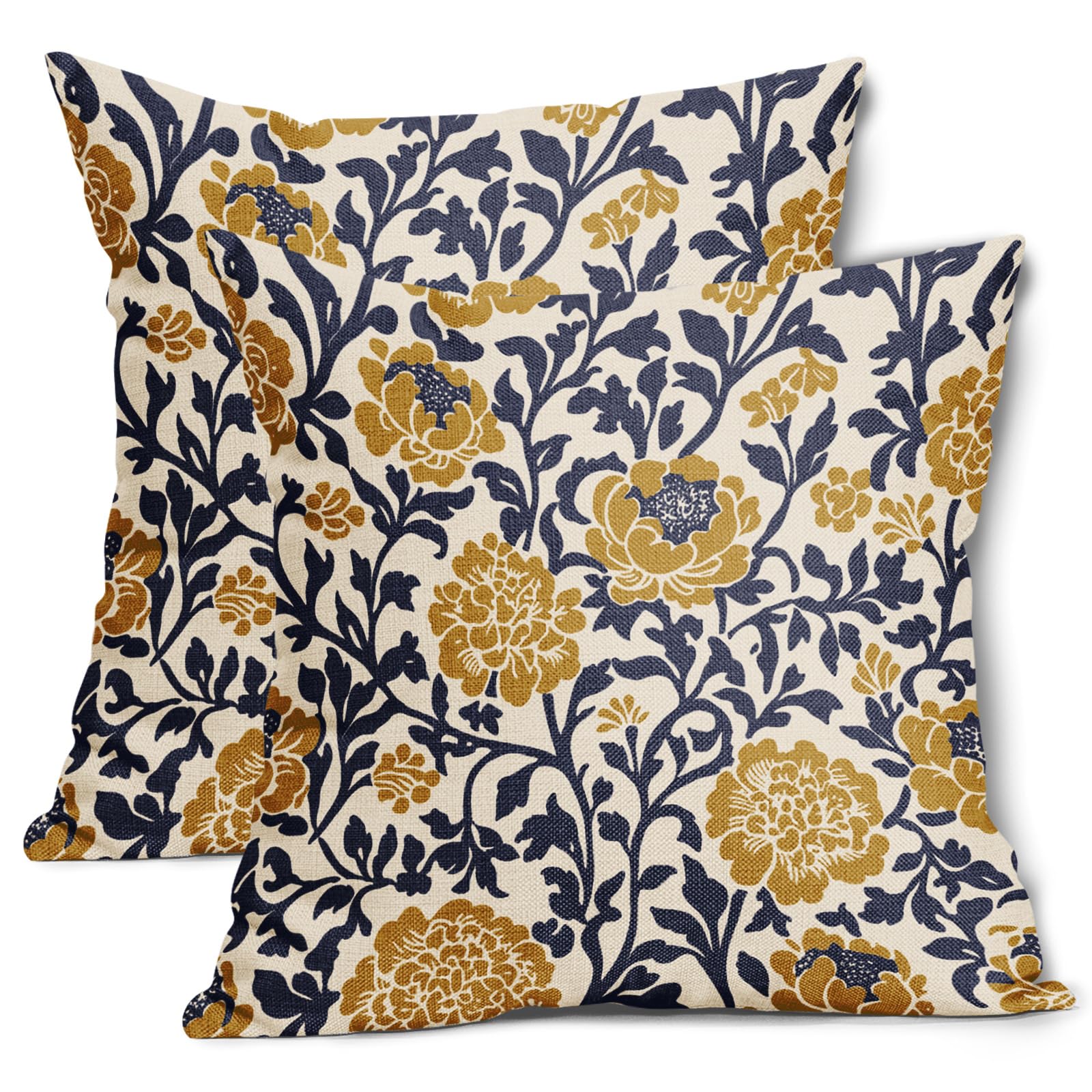 Photo 1 of AmplePisce Navy Blue Yellow Floral Pillow Covers 18x18 Inch Set of 2 Vintage Block Print Flower Cotton Linen Decorative Throw Pillow Case Cushion Covers for Bedroom Sofa Living Room Chair