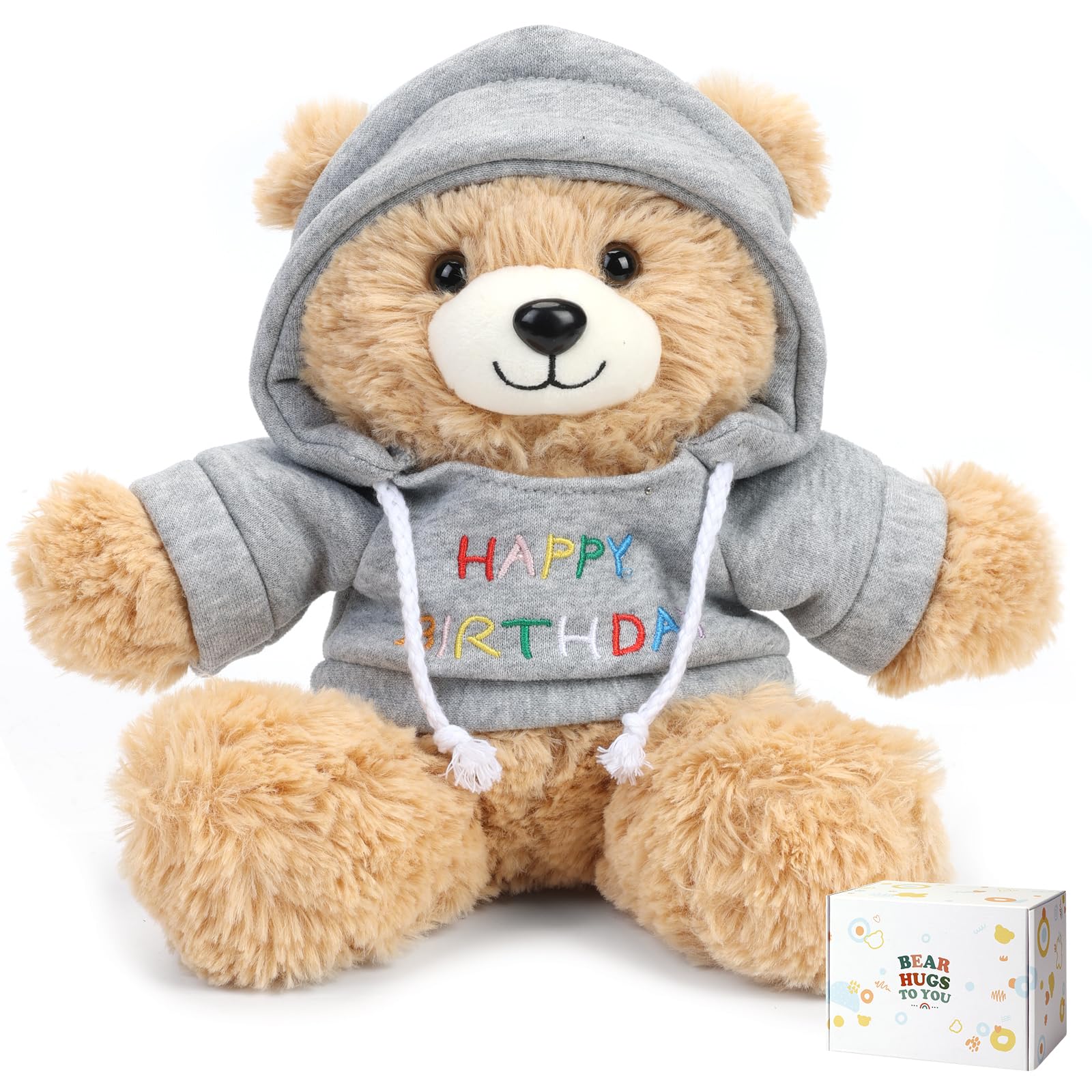 Osacoe Happy Birthday Teddy Bear Stuffed Animal with Gift Box Removable Hoodie for Kids, Women & Men, Unique Birthday Gift Boxes with Beautiful Gift Greeting Card