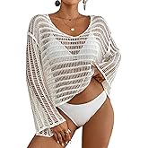 Bsubseach Crochet Tops for Women Long Sleeve Beach Swimsuit Coverup Mesh Knit Crop Top Bathing Suit Cover Up