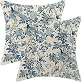 Yxuiyal Chinoiserie Pillow Covers 18x18 Set of 2 Blue Floral Birds Throw Pillow Covers Outdoor Decoration Vintage Blue Flower Pillowcase Farmhouse Decorative Linen Cushion Case for Couch Sofa