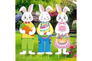 Umigy 3 Pcs Easter Yard Sign Bunny Outdoor Sign with Stakes 32 x 10 Inch Easter Bunny Lawn Decor Easter Yard Decor Easter Lawn Decor for Home Pathway Walkway Decor