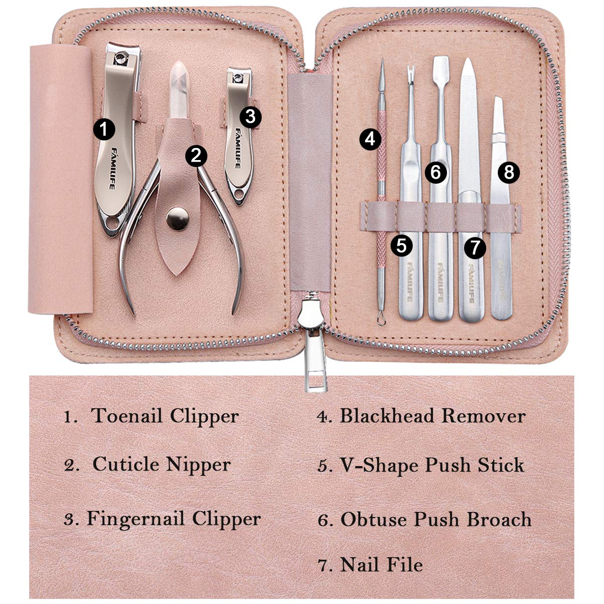 FAMILIFE Manicure Set, 8 in 1 Professional L13 Manicure Kit Nail Clipper Set Stainless Steel Pedicure Tools Kit Portable Grooming Kit with Pink Leather Travel Case for Women Girl : Beauty