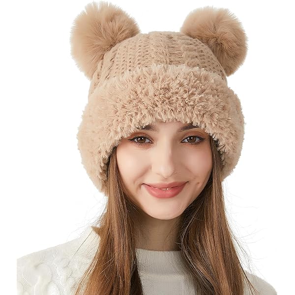 Mordelar Women's Bear Ear Knit Hat - Cute Faux Fur Pom Pom Beanie, Warm Fleece For Winter