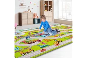Booooom Jackson Train Car Mat for Kids Toy Cars,ABC Alphabet Car Rug for Kids To Play and Learn,Non Slip Car Play Rug for Boys Girls Room,Colorful Kids Rugs for Playroom Washable,Car and Train Playmat