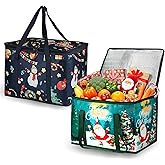Manuqia 2-Pack Christmas Insulated Reusable Grocery Bags, Collapsible Cooler Bag, Heavy Duty Large Shopping Bag, Durable Handles, Dual Tab Zips, Lid