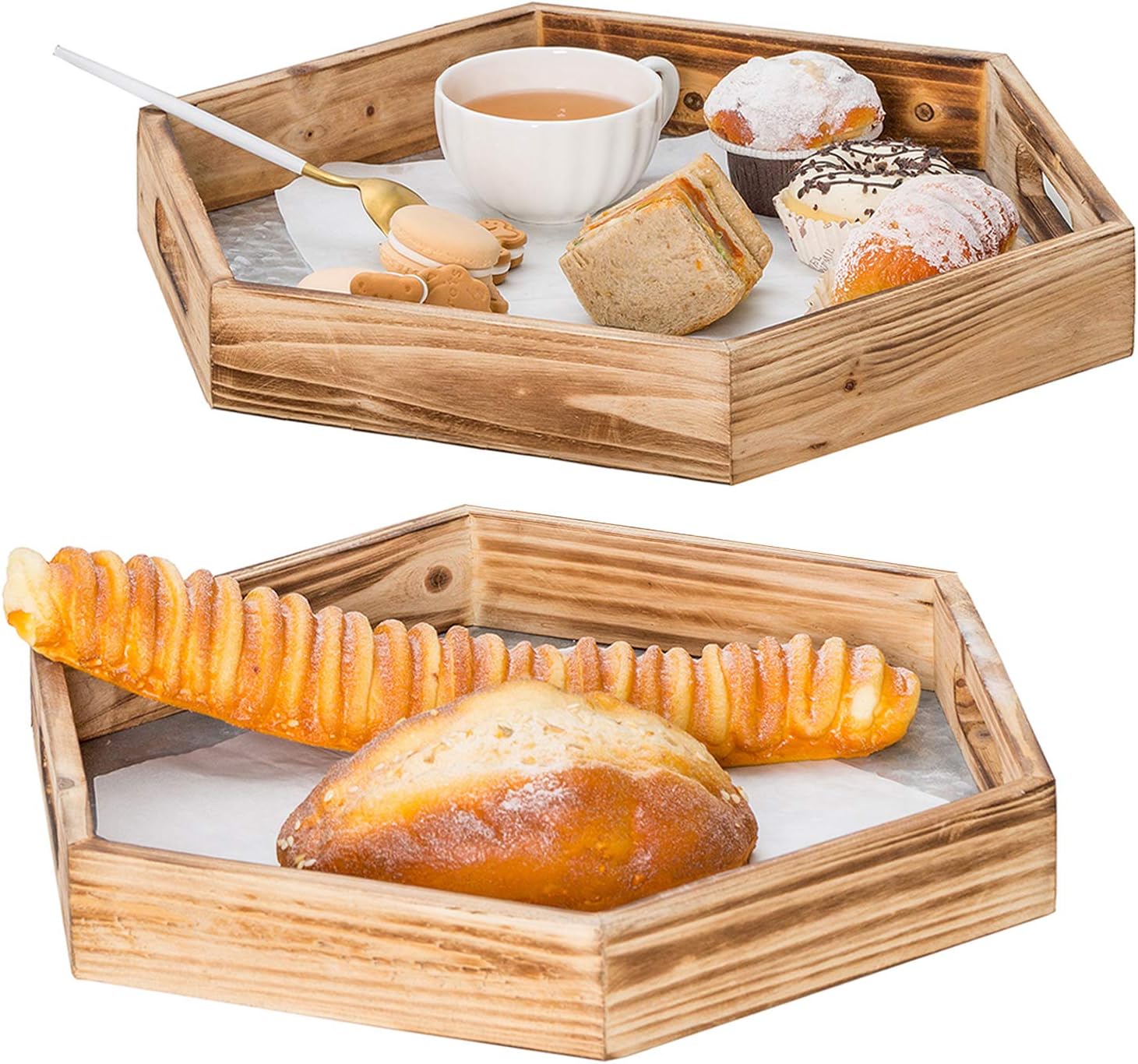  | 2PCS Octagonal Natural Wood Finish Serving Tray with Cutout Handles and Angled Edges, Antique Whitewash Food Tray, Rustic Ottoman display Platter: Serving Trays