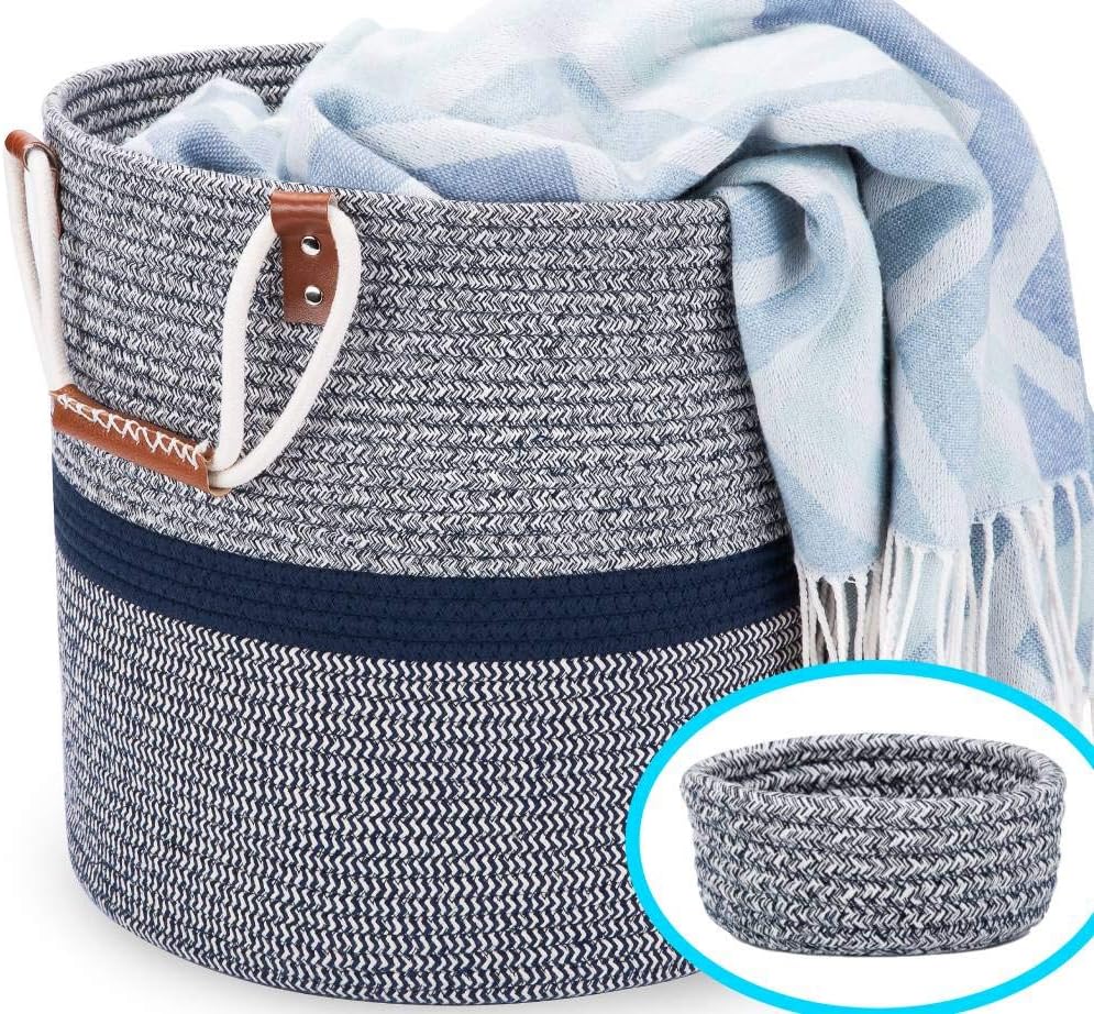 Blanket Basket Living Room – Large Woven Basket for Blankets Living Room Rope Basket Toy Basket – Blanket Storage For Living Room, Laundry, Toys, Pillows, Household Items