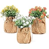 Velener Artificial Flowers in Small Burlap Bag Vases 3Pcs - Faux Flowers Farmhouse Home Coffee Table Bookshelf Office Desk Decor Kitchen Dining Room Fake Plants Indoor(Red/White/Yellow)