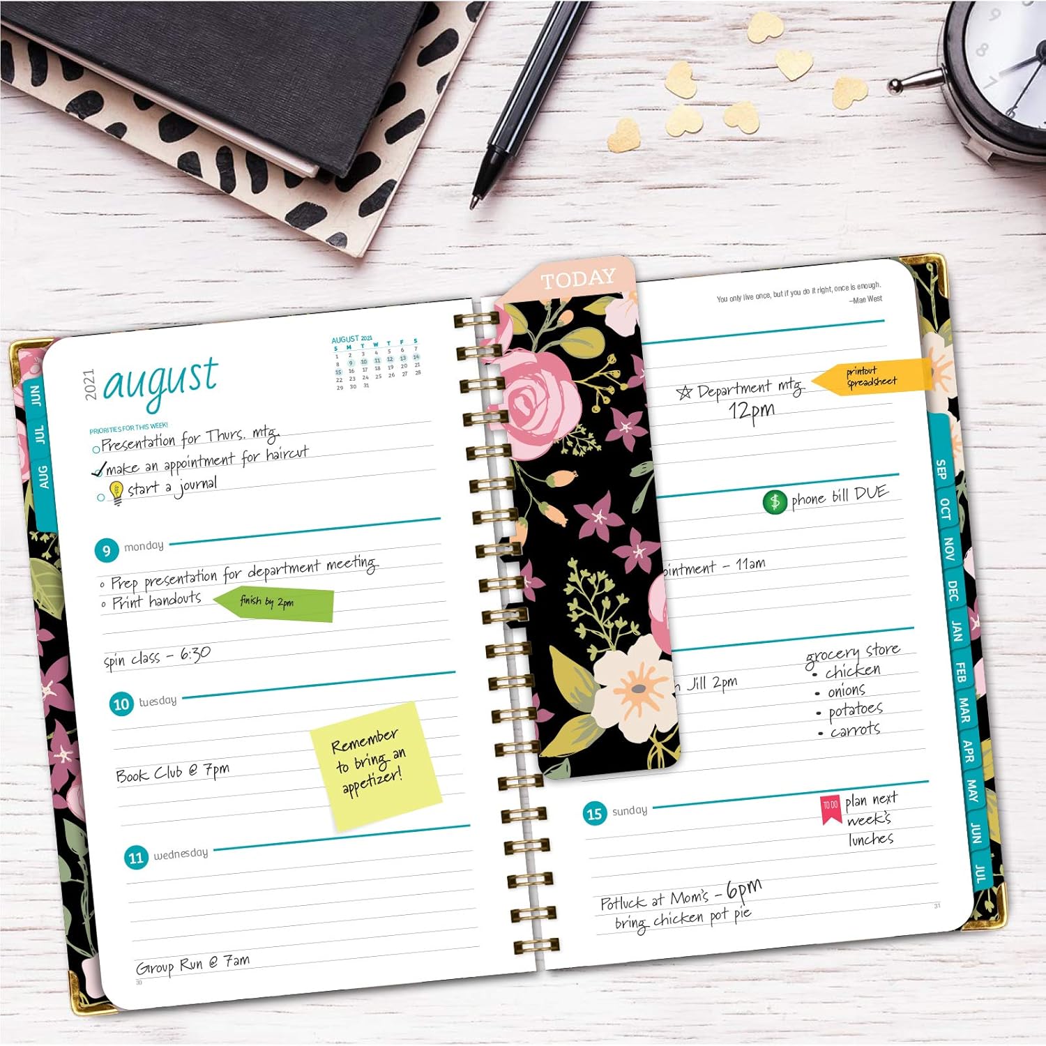 HARDCOVER Academic Year 2021-2022 Planner: (June 2021 Through July 2022) 5.5"x8" Daily Weekly Monthly Planner Yearly Agenda. Bookmark, Pocket Folder and Sticky Note Set (Black Floral) : Office Products