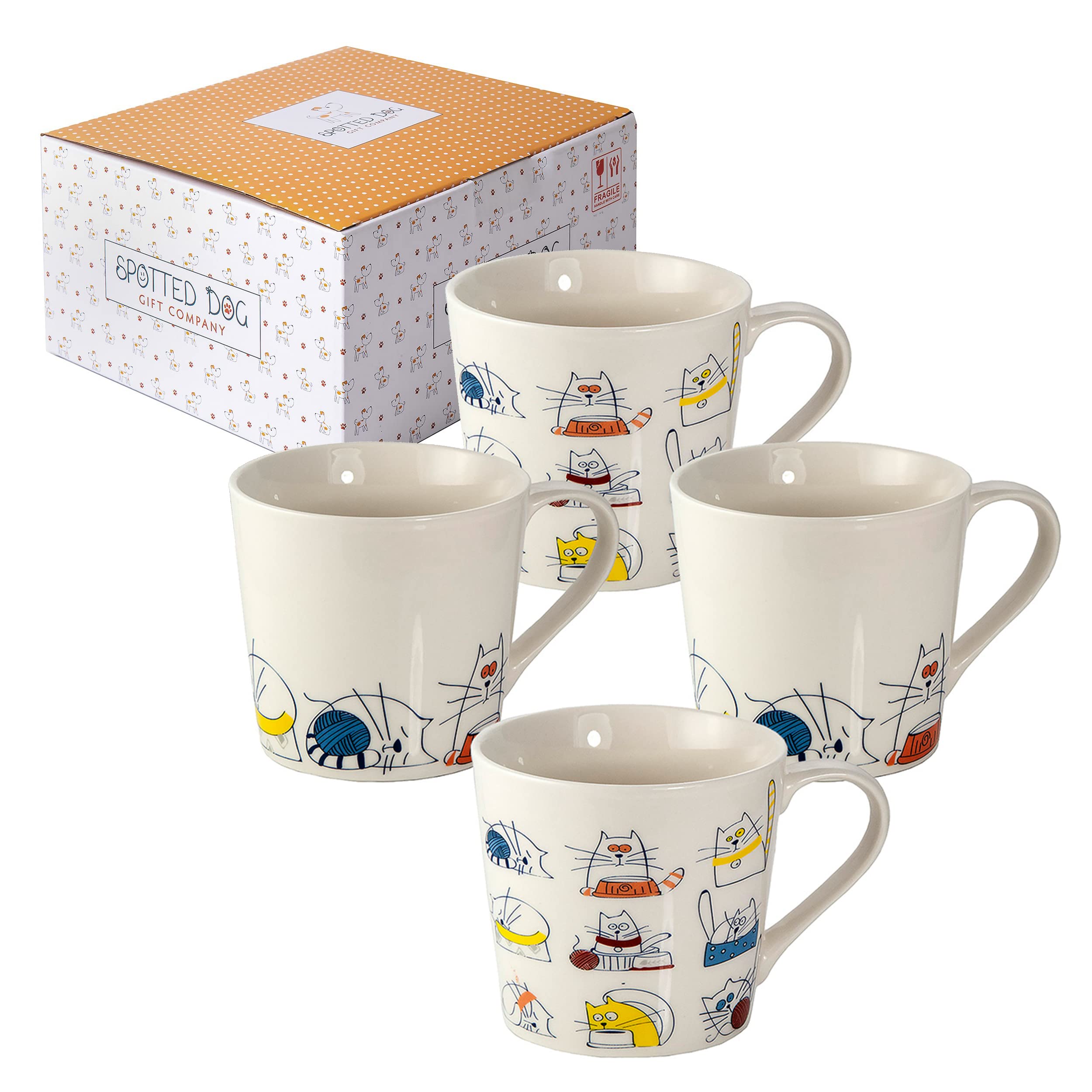 SPOTTED DOG GIFT COMPANY Cat Mugs Set of 4 – Large 380ml Ceramic China Coffee Mugs & Tea Cups, Funny Cartoon Cats Themed | Cat Gifts for Women, Christmas or Birthday Presents