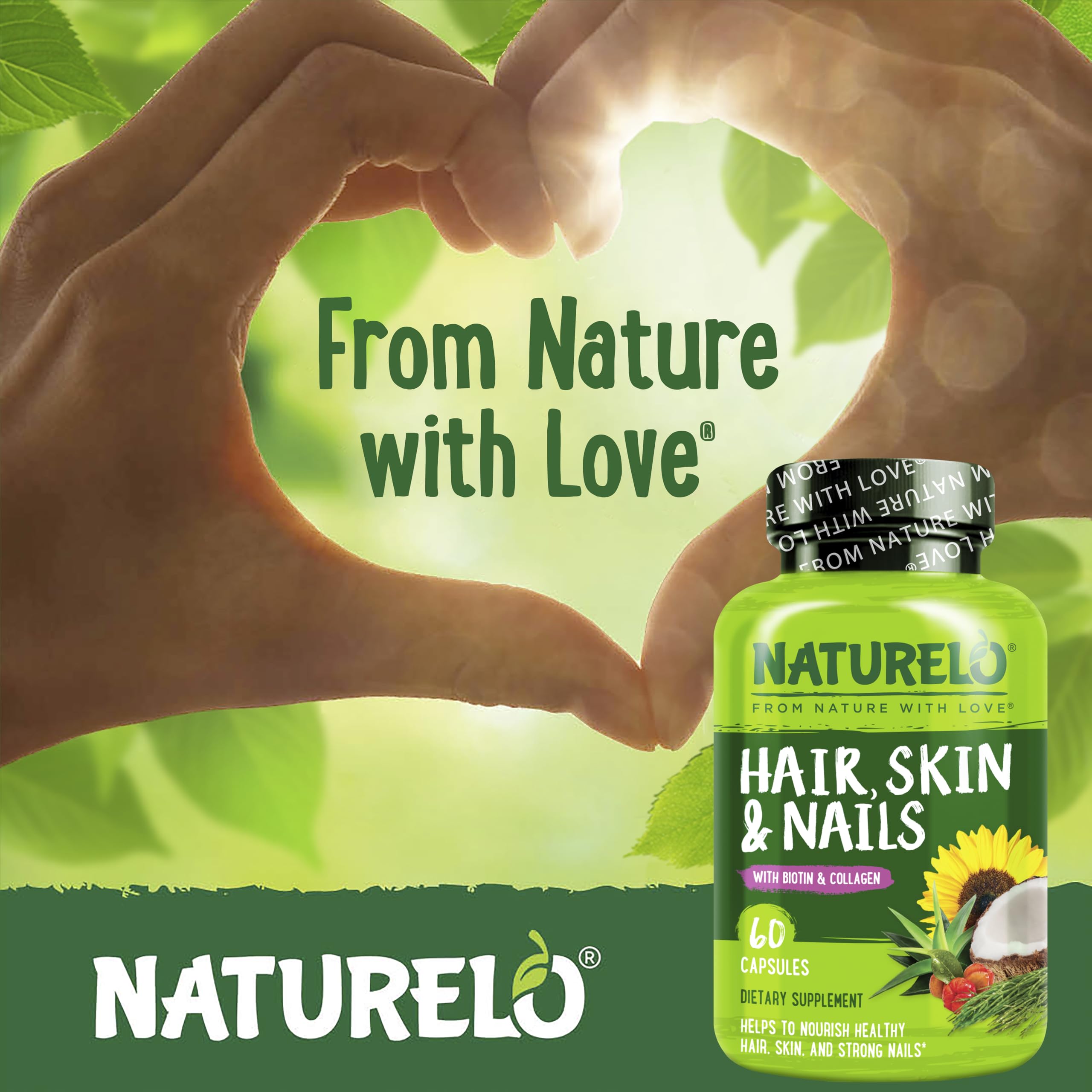 NATURELO Hair, Skin and Nails Multivitamin - 5000 mcg Biotin, Collagen, Natural Vitamin E - Supplement for Healthy Skin, Hair Growth for Women and Men – 60 Capsules