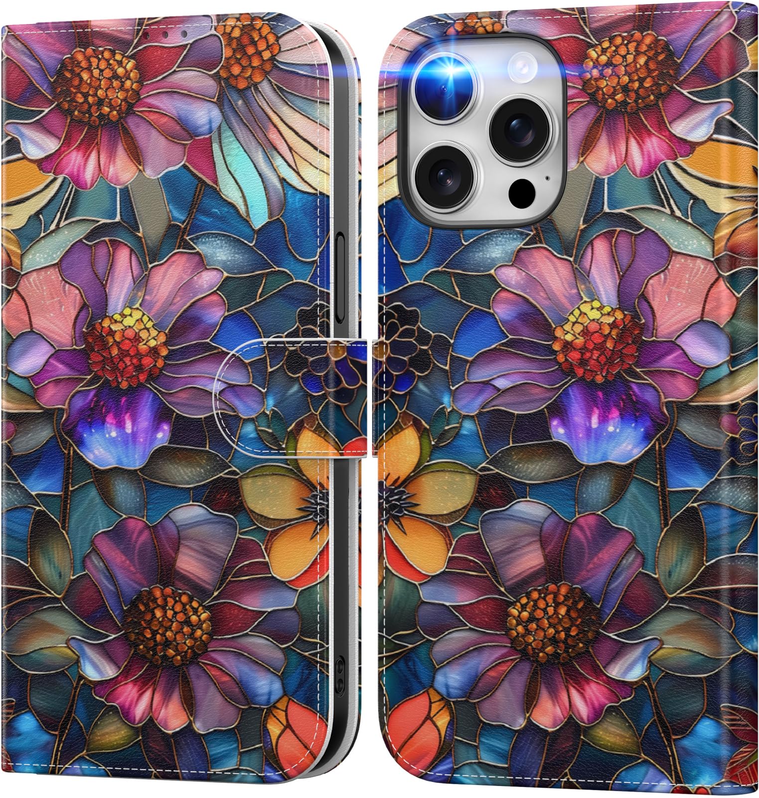DEENAKIN for iPhone 15 Pro Max Wallet Case with Card Holder + Cash Clip, RFID-Blocking, Military-Grade Drop Protection & UV-Printed Artwork, Magnetic Closure with Kickstand - Vibrant Defined Blossoms