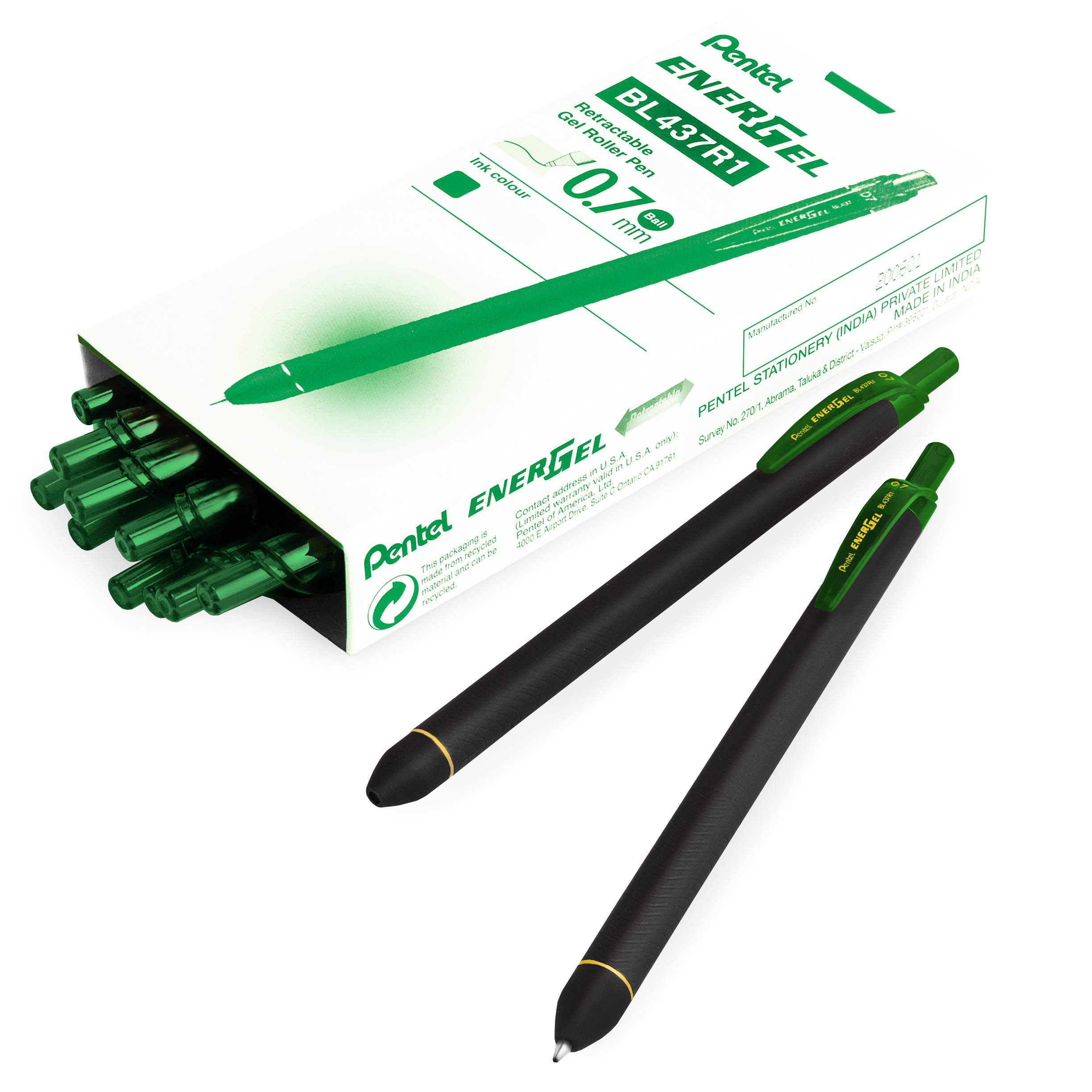 Pentel Energel BL437R1 Retractable Gel Ink Rollerball Pen - 0.7mm Nib - Green - Pack of 14