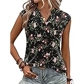 KISSMODA Women's Summer Cap Sleeve Notched V Neckline Tunic Blouse