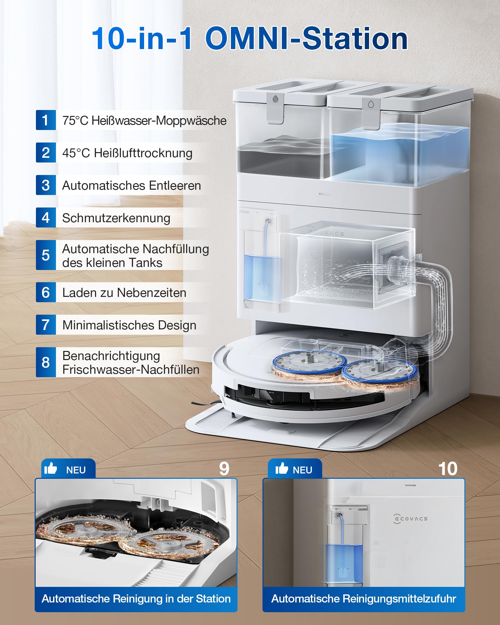 ECOVACS DEEBOT T50 PRO Omni Gen2 Saugroboter mit Wischfunktion, Ausfahrende Seitenbürste und Wischmopp, 21.000 Pa, Auto Zugabe von Reinigungslösung, Moppwäsche mit 75°C heißem Wasser, Ultradünn 81 mm 6